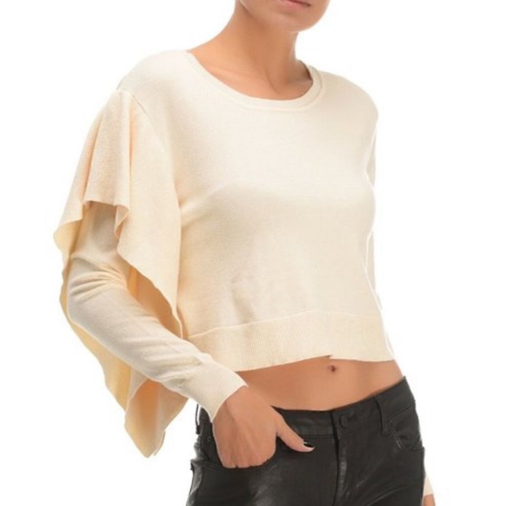 ‎Zara Cropped Side Frill Knit Top In Cream Size Small
